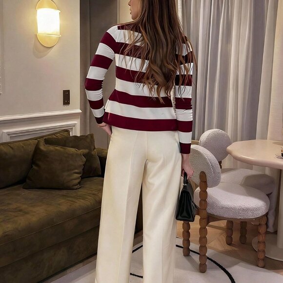 Burgundy Women's Casual French Style Fitted Cardigan - Picture 2 of 5